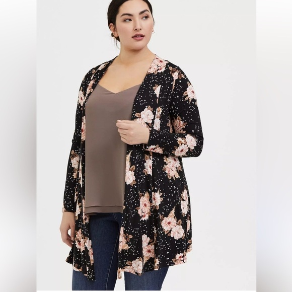 Torrid super soft knits black floral open front cardigan drape front 1X - Picture 1 of 8